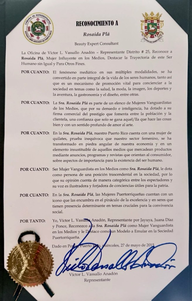 Reconocimiento de la Cámara de Representantes de Puerto Rico a Rosaida Plá como Mujer Influyente en los Medios (2015)